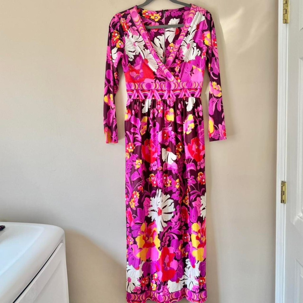 Vintage 60 / 70s Psychedelic Maxi Dress Small pink purple red flower power XS
